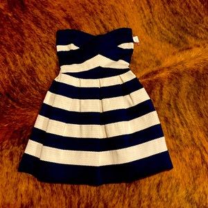 Bcbs maxazria strapless blue and white dress size small
